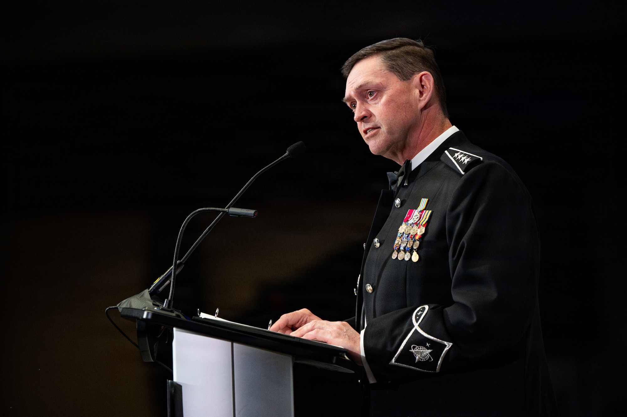 Gen. Chance Saltzman speaks at a podium.