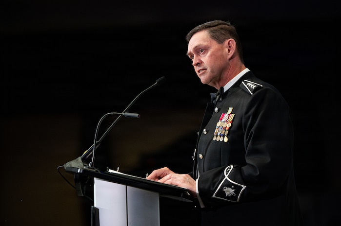 Gen. Chance Saltzman speaks at a podium.