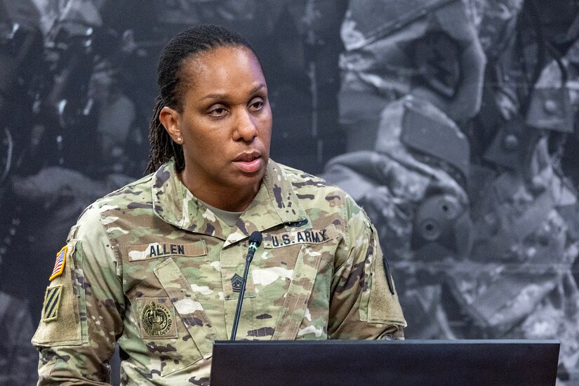Command Sgt. Maj. Joy L. Allen, U.S. Army Financial Management Command senior enlisted advisor, delivers remarks during a U.S. Army and Army Finance Corps 251st birthday celebration at the Maj. Gen. Emmett J. Bean Federal Center in Indianapolis June 15, 2026. The U.S. Army was established by the Second Continental Congress on June 14, 1775; and just two days later on June 16th, 1775, that same congress established the U.S. Army Finance Corps with creation of the office of Paymaster General, which was first held by James Warren. (U.S. Army photo by Mark R. W. Orders-Woempner)