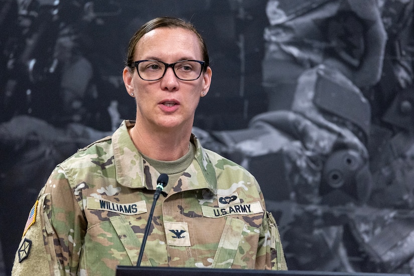 Col. Michelle M. Williams, U.S. Army Financial Management Command commander, delivers remarks during a U.S. Army and Army Finance Corps 251st birthday celebration at the Maj. Gen. Emmett J. Bean Federal Center in Indianapolis June 15, 2026. The U.S. Army was established by the Second Continental Congress on June 14, 1775; and just two days later on June 16th, 1775, that same congress established the U.S. Army Finance Corps with creation of the office of Paymaster General, which was first held by James Warren. (U.S. Army photo by Mark R. W. Orders-Woempner)