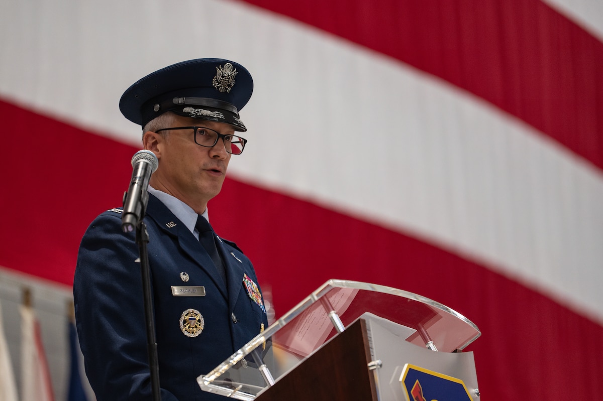 Col. Chris Keithley, 96th Test Wing commander, addresses the audience during the 96th TW change of command ceremony June 16, 2026, at the McKinley Climatic Lab.