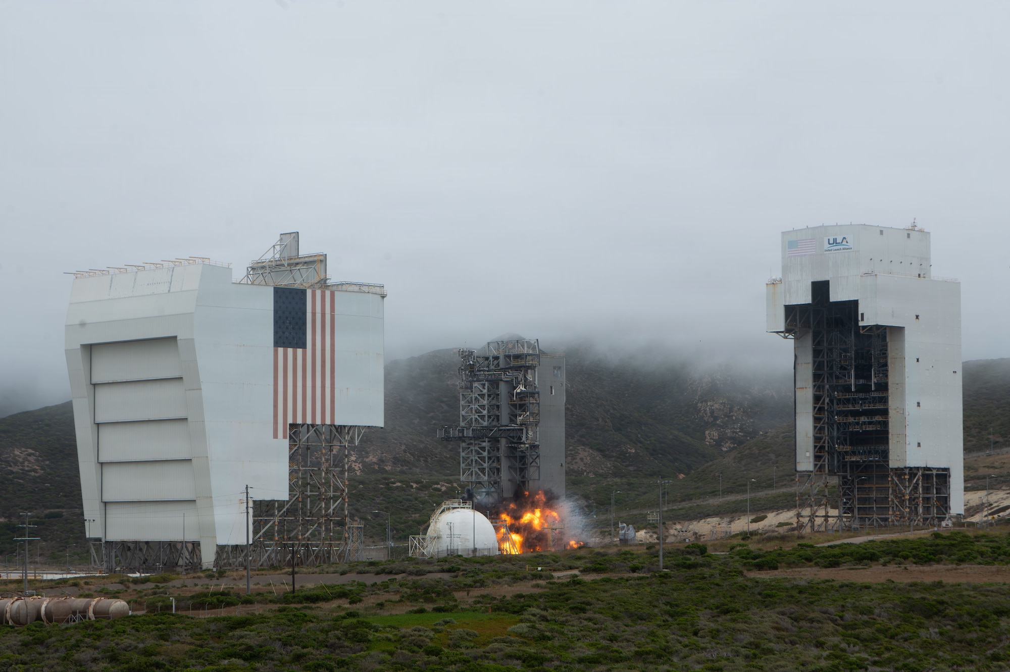 Space Launch Complex 6 collapses during a controlled demolition.