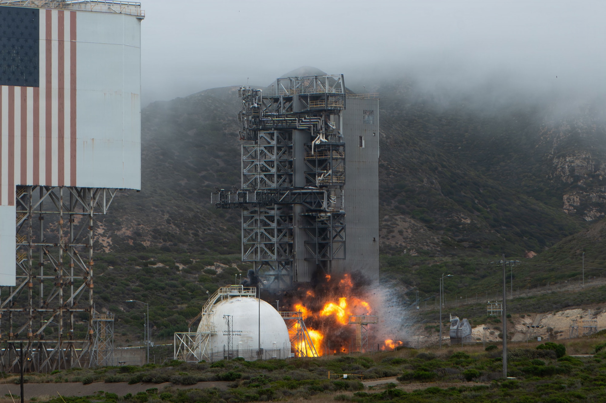 Space Launch Complex 6 collapses during a controlled demolition.