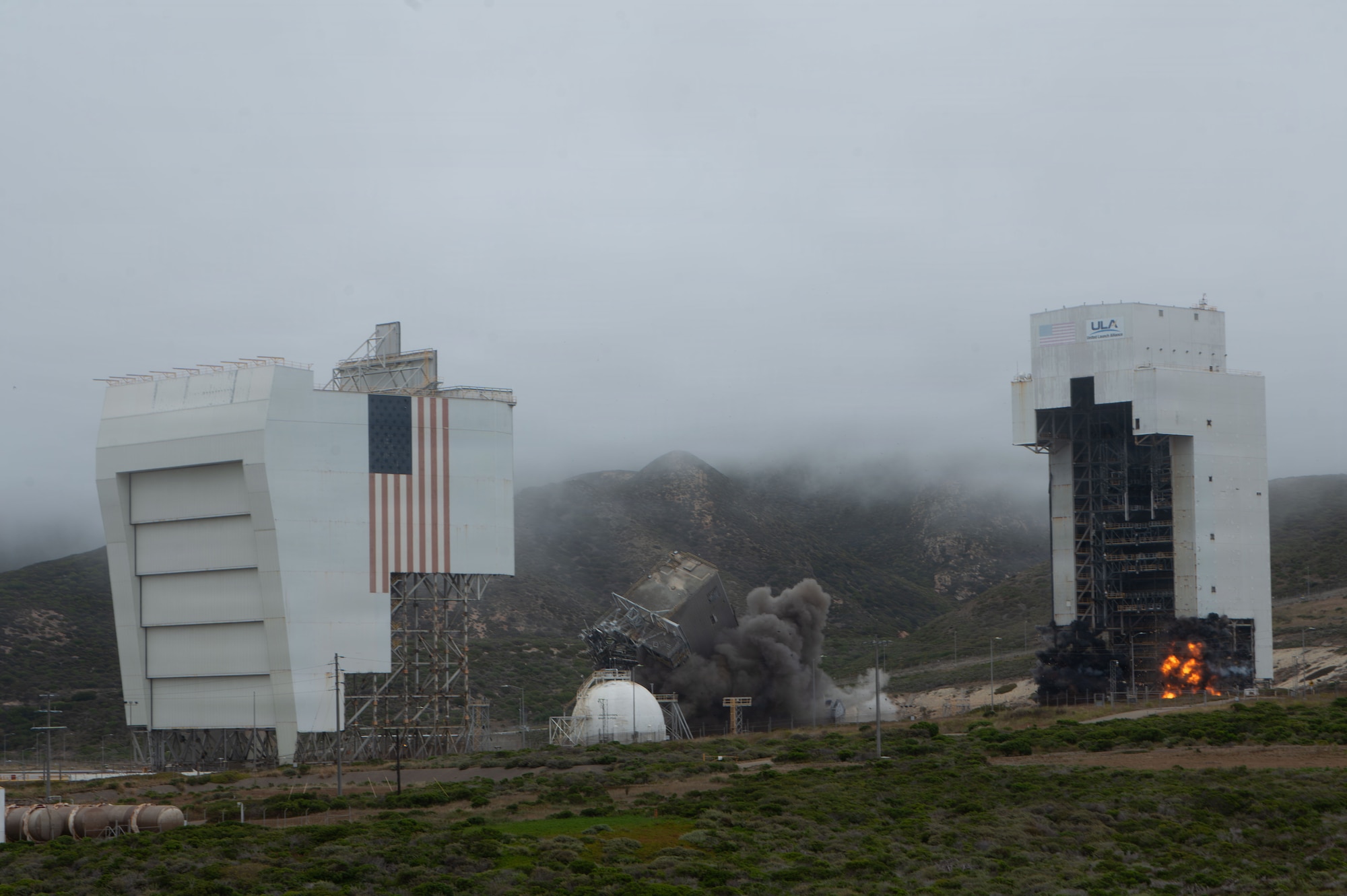 Space Launch Complex 6 collapses during a controlled demolition.