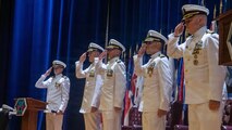 Naval Base Ventura County, Calif. (May 21, 2026) The official party renders honors to the colors during the change of command ceremony for Unmanned Undersea Vehicle Squadron (UUVRON) 3 at Needham Theater at Naval Base Port Hueneme, May 21, 2026. UUVRON 3’s mission is to tactically operate and maintain XLUUVss fleetwide. (U.S. Navy photo by Logistics Specialist 1st Class Paul Villalobos)
