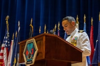 Naval Base Ventura County, Calif. (May 21, 2026) Cmdr. Andrew Lichtenstein, outgoing commanding officer of Unmanned Undersea Vehicle Squadron (UUVRON) 3, delivers remarks during the UUVRON 3 change of command ceremony at Needham Theater at Naval Base Port Hueneme, May 21, 2026. UUVRON 3’s mission is to tactically operate and maintain XLUUVs fleetwide. (U.S. Navy photo by Logistics Specialist 1st Class Paul Villalobos)