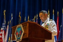 Naval Base Ventura County, Calif. (May 21, 2026) Cmdr. Andrew Lichtenstein, outgoing commanding officer of Unmanned Undersea Vehicle Squadron (UUVRON) 3, delivers remarks during the UUVRON 3 change of command ceremony at Needham Theater at Naval Base Port Hueneme, May 21, 2026. UUVRON 3’s mission is to tactically operate and maintain XLUUVs fleetwide. (U.S. Navy photo by Logistics Specialist 1st Class Paul Villalobos)