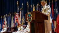 Naval Base Ventura County, Calif. (May 21, 2026) Cmdr. Jason Paradis, incoming commanding officer of Unmanned Undersea Vehicle Squadron (UUVRON) 3, right, delivers remarks during the UUVRON 3 change of command ceremony at Needham Theater at Naval Base Port Hueneme, May 21, 2026. UUVRON 3’s mission is to tactically operate and maintain XLUUVs fleetwide. (U.S. Navy photo by Logistics Specialist 1st Class Paul Villalobos)