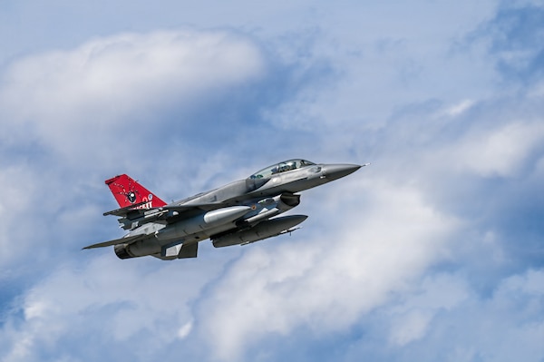 A F-16 Fighting Falcon, assigned to the 425th Fighter Squadron from Luke Air Force Base, Ariz., departs the flight line at Eielson Air Force Base, Alaska, during RED FLAG-Alaska 26-2, June 1, 2026. RF-A is Pacific Air Forces’ premier air combat training exercise with a history spanning 50 years. It is a large force employment exercise that focuses on coalition and air-to-ground, special operations, and tactical airlift with limited air-to-air and surface-to-air threats. (U.S. Air Force photo by Tech. Sgt. Kentavist P. Brackin)