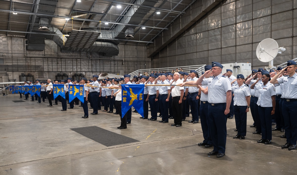Col. Brian Taylor, 96th Test Wing deputy commander, gives the order to present arms to a 96th TW formation during the wing’s change of command ceremony June 16, 2026 at the McKinley Climatic Lab.