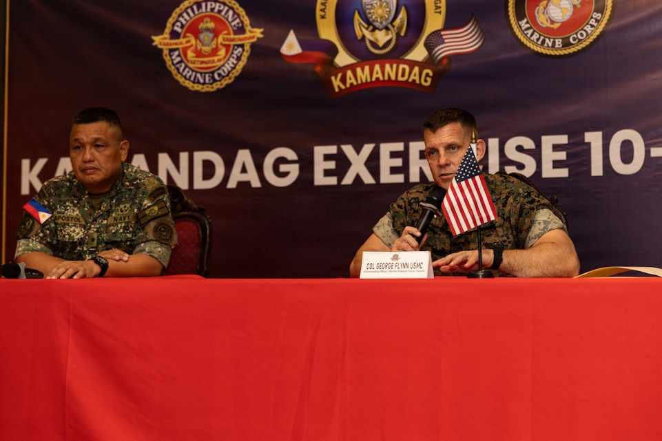 U.S. Marine Corps Col. George J. Flynn, right, commanding officer of Marine Rotational Force – Darwin, I Marine Expeditionary Force, answer a question during a press conference following the KAMANDAG 10 opening ceremony on Fort Bonifacio, Philippines, June 15, 2026.