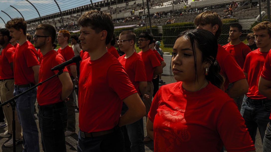 Marines from Recruiting Station Harrisburg and India Battery 3rd Battalion, 14th Marines out of Allentown, Pennsylvania. attended swear in ceremony at Pocono Raceway at Long Pond, Pennsylvania June 14, 2026. New Poolees from all branches had the opportunity to swear in and watch the race. The Pennsylvania Poconos Raceway is where NASCAR races are held in the Northeastern region. (U.S. Marine Corps photo by Sgt. Marcel Gorka)