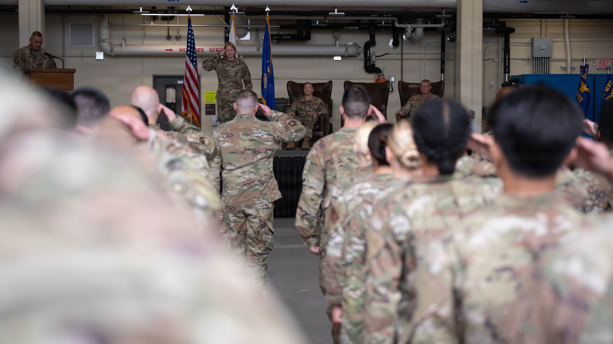 Col. Kristen Torma, incoming commander of the 51st Maintenance Group, receives her first salute from 51st MXG Airmen during a change of command ceremony at Osan Air Base, Republic of Korea, June 8, 2026.The first salute is a military tradition that marks the start of a commander's leadership of a unit and symbolizes the trust between a commander and the Airmen they are entrusted to lead. (U.S. Air Force photo by Senior Airman Rome Bowermaster)