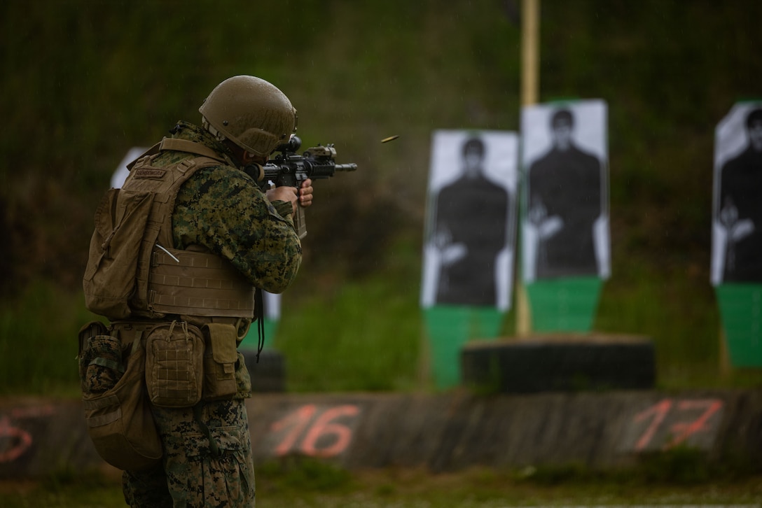 U.S. Marine Corps Sgt. Cristian Asensiomora, a motor vehicle operator with Combat Logistics Battalion 24, Combat Logistics Regiment 27, 2nd Marine Logistics Group, fires a M4 service rifle during exercise Baltic Operations 26 in Skrunda, Latvia, June 8, 2026. BALTOPS 2026, the premiere maritime-focused exercise in the Baltic Region, provides a unique training opportunity to strengthen combined response capabilities critical to preserving freedom of navigation and security in the Baltic Sea. Asensiomora is a native of Indiana. (U.S. Marine Corps photo by Lance Cpl. Brady Hathaway)