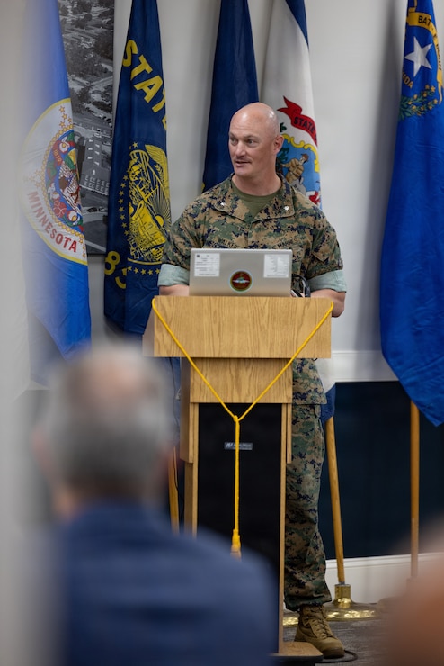 U.S. Marine Corps Lt. Col. Andrew S. Walker, former commanding officer of 2nd Network Battalion, Marine Corps Cyberspace Operations Group, gives his remarks during 2nd Network Bn’s 5th birthday ceremony at Marine Corps Base Camp Lejeune, North Carolina, June 3, 2026. 2nd Network Bn was activated on June 3, 2021, to ensure the operation of a resilient network that enables mission execution in the face of persistent cyber threats. (U.S. Marine Corps photo by Lance Cpl. Alyssa J. DeCrane)