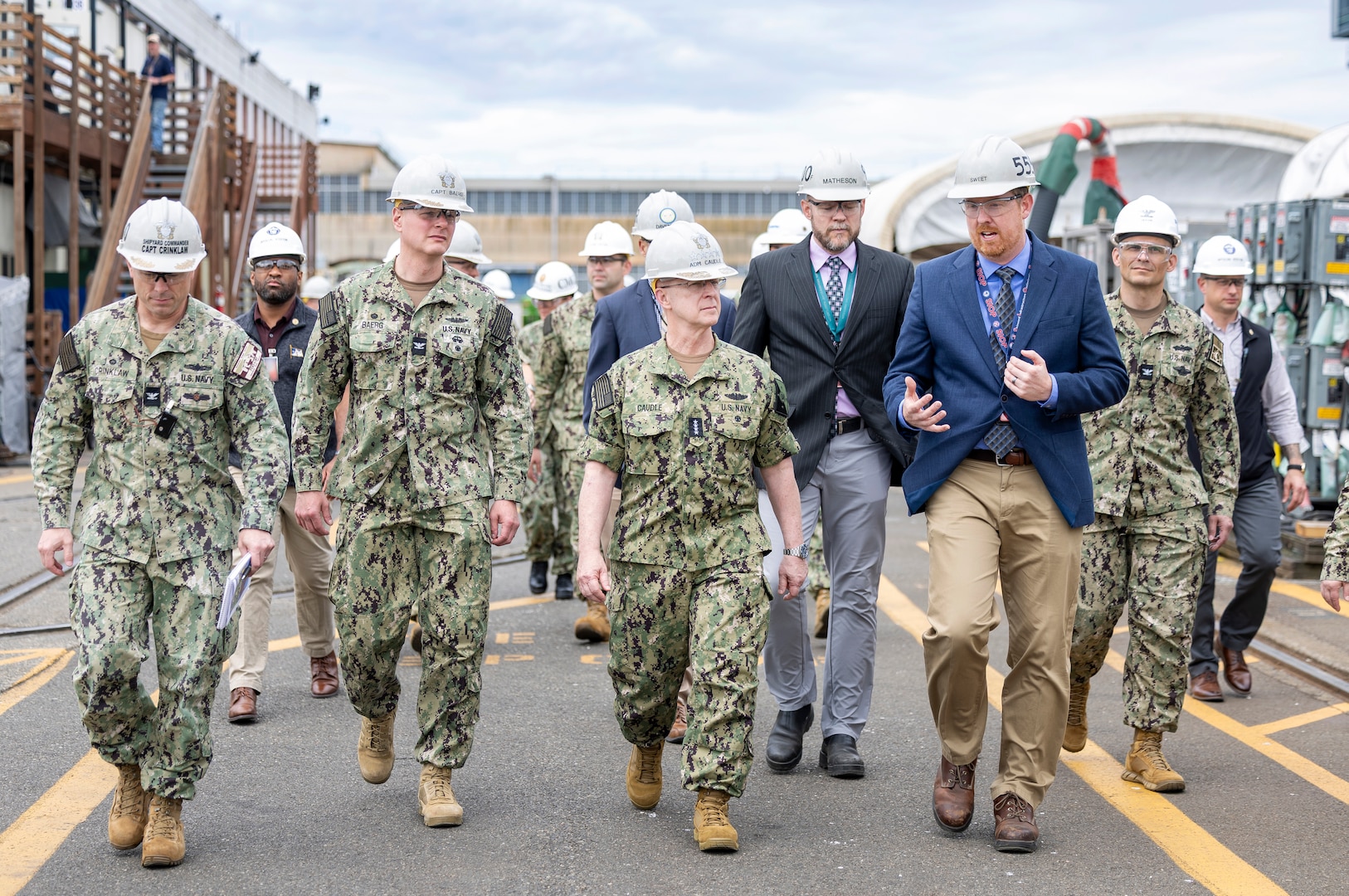 Chief of Naval Operations Adm. Daryl Caudle is briefed on recent Dry Dock 4 seismic upgrades by Naval Facilities Engineering Systems Command Northwest employees June 3, 2026, during his command visit to Puget Sound Naval Shipyard & Intermediate Maintenance Facility, in Bremerton, Washington. (U.S. Navy photo by Wendy Hallmark)