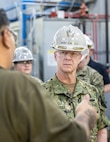 Chief of Naval Operations Adm. Daryl Caudle is briefed on ongoing projects while touring Bldg. 431 at Puget Sound Naval Shipyard & Intermediate Maintenance Facility, June 3, 2026, in Bremerton, Washington. (U.S. Navy photo by Wendy Hallmark)