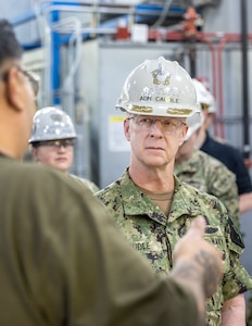 Chief of Naval Operations Adm. Daryl Caudle is briefed on ongoing projects while touring Bldg. 431 at Puget Sound Naval Shipyard & Intermediate Maintenance Facility, June 3, 2026, in Bremerton, Washington. (U.S. Navy photo by Wendy Hallmark)