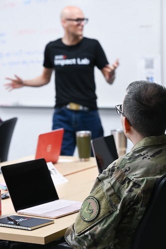 Kessel Run Airmen and government civilians get hands-on training with the future of software development during a two-day course meant to teach them the intricacies of AI, June 3. The Kessel Runners trained to build software applications capable of solving real-world problems. (Official Air Force photo by Richard Blumenstein).