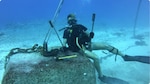 Senior Chief Petty Officer Thomas Hansen conducts Aids-to-Navigation work in the Brooks Channel, Midway Atoll, 2019 (U.S. Coast Guard Photo courtesy of Chief Petty Officer David Bradbury).