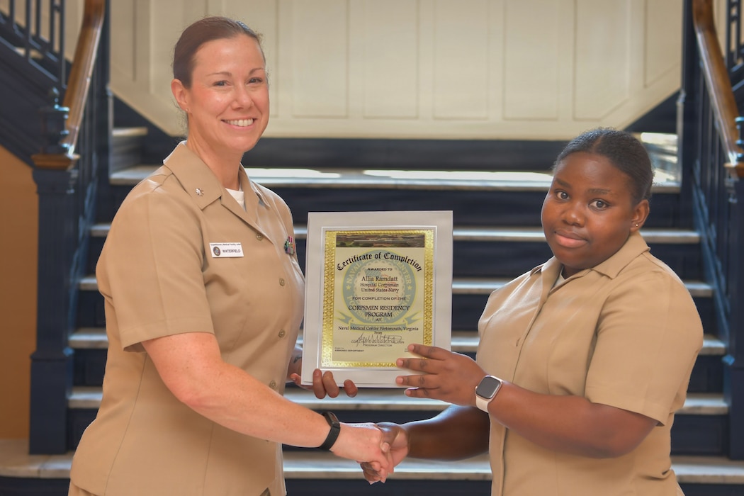 PORTSMOUTH, Va. (June 12, 2026) Corpsmen graduate from the Hospital Corpsman Residency Program (HMRP) at Naval Medical Center Portsmouth, June 12, 2026. NMRTC Portsmouth is the premier readiness and training platform that provides superior medical training for military medical service members at NMCP, the U.S. military’s oldest, continuously operating military hospital since 1830. (U.S. Navy photo by Mass Communication Specialist 1st Class Michael Botts)
