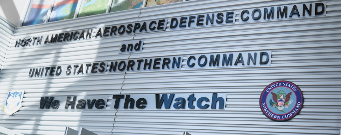 Sign at the entrance to North American Aerospace Defense Command and United States Northern Command at Peterson Space Force Base, Colorado Springs, Colorado.