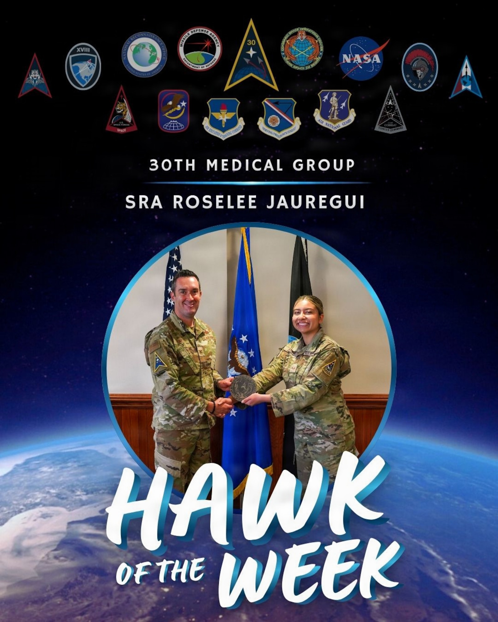 A graphic with two people holding an award.