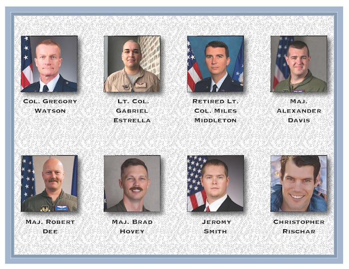 Following a 24-hour waiting period after all next-of-kin notifications were completed, in accordance with Department of War policy, Edwards Air Force Base released the names of the eight people killed when a B-52 Stratofortress crashed shortly after takeoff during a routine test mission Monday. The fallen Team Edwards members are Col. Gregory Watson, Lt. Col. Gabriel Estrella, retired Lt. Col. Miles Middleton, Maj. Alexander Davis, Maj. Robert Dee, Maj. Brad Hovey, Jeromy Smith and Christopher Rischar. (U.S. Air Force graphic)