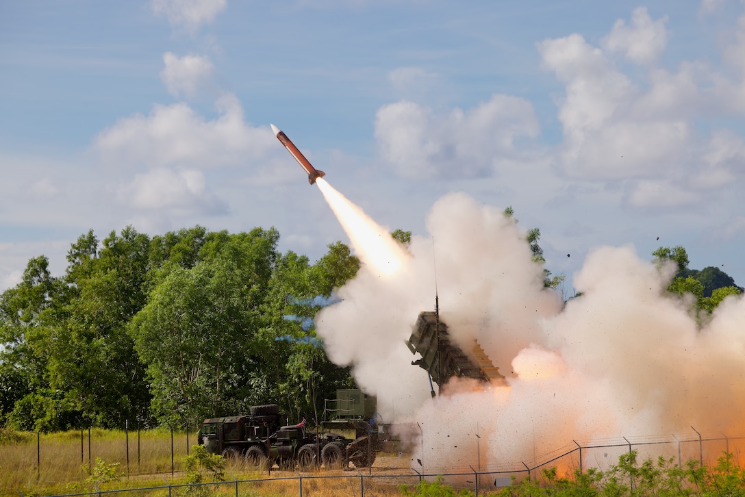 A Patriot missilebattery fires off a missile.