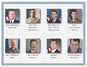 Following a 24-hour waiting period after all next-of-kin notifications were completed, in accordance with Department of War policy, Edwards Air Force Base released the names of the eight people killed when a B-52 Stratofortress crashed shortly after takeoff during a routine test mission Monday. The fallen Team Edwards members are Col. Gregory Watson, Lt. Col. Gabriel Estrella, retired Lt. Col. Miles Middleton, Maj. Alexander Davis, Maj. Robert Dee, Maj. Brad Hovey, Jeromy Smith and Christopher Rischar. (U.S. Air Force graphic)