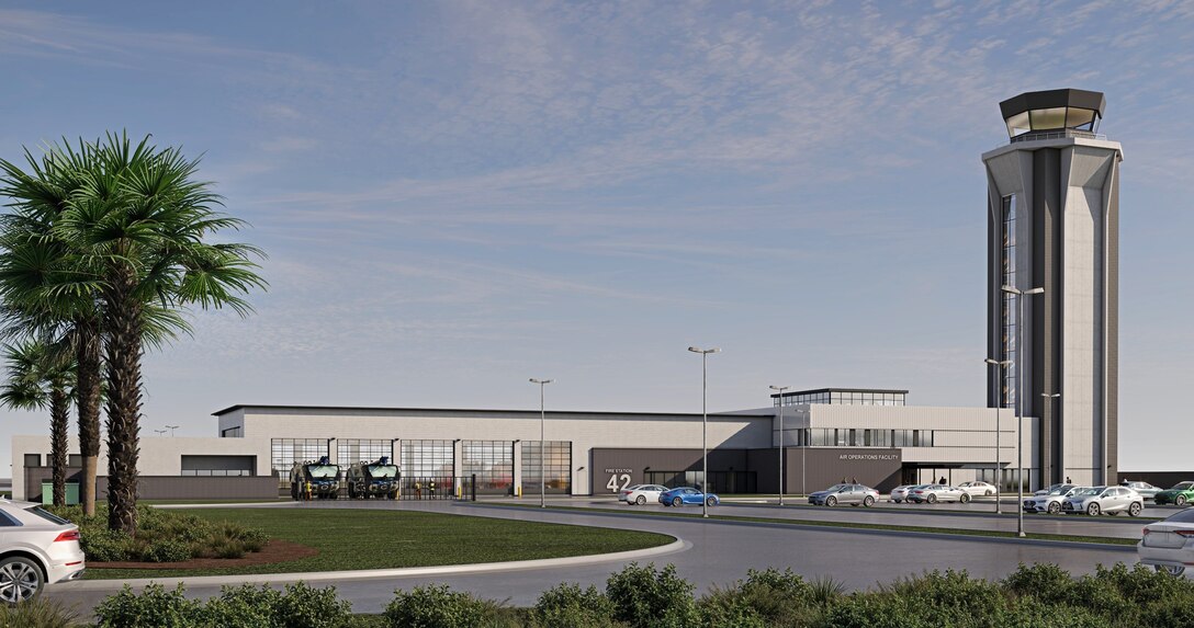 Artist's rendering of the future Air Operation facility at Vandenberg Space Force Base featuring a new air traffic control tower.