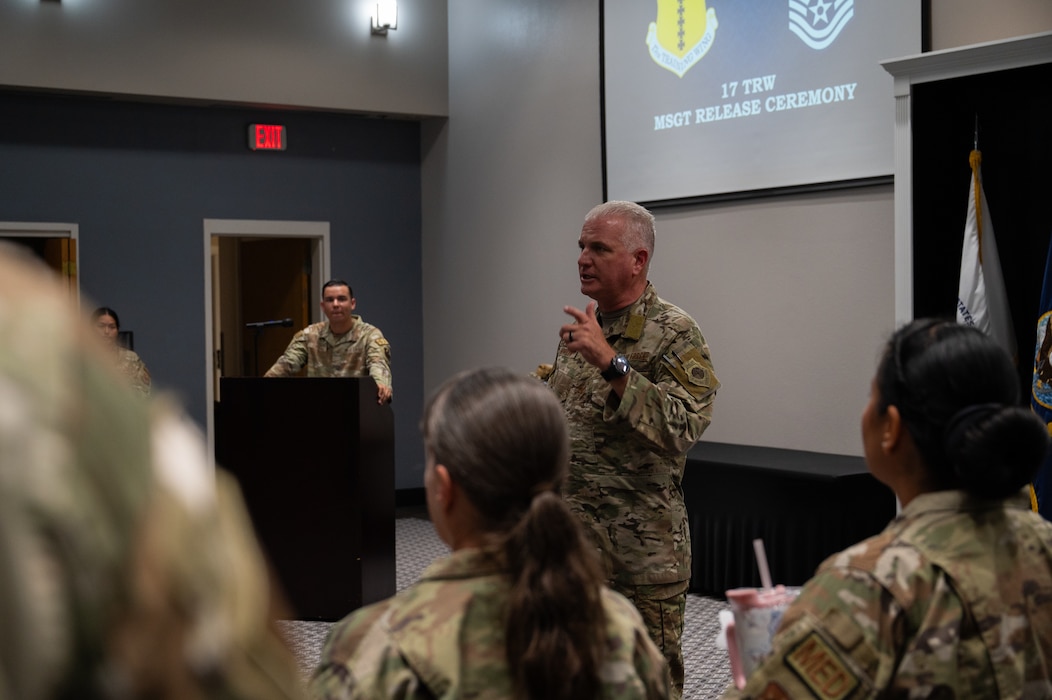 U.S. Air Force Col. Matthew Norton, 17th Training Wing commander, speaks to the new master sergeant selects during a master sergeant release party at the Powell Event Center, Goodfellow Air Force Base, Texas, June 16, 2026. Norton congratulated the future master sergeants on their accomplishments and offered advice to prepare them for their future roles as senior noncommissioned officers. (U.S. Air Force photo by Senior Airman Brian Lummus)