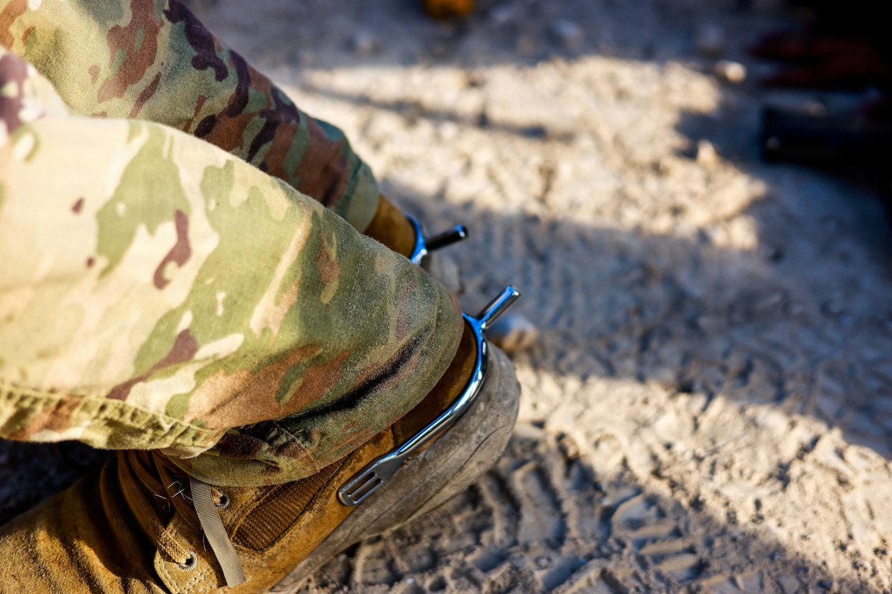 The heels of a soldier's boots on dry earth are shown close up with spurs attached.