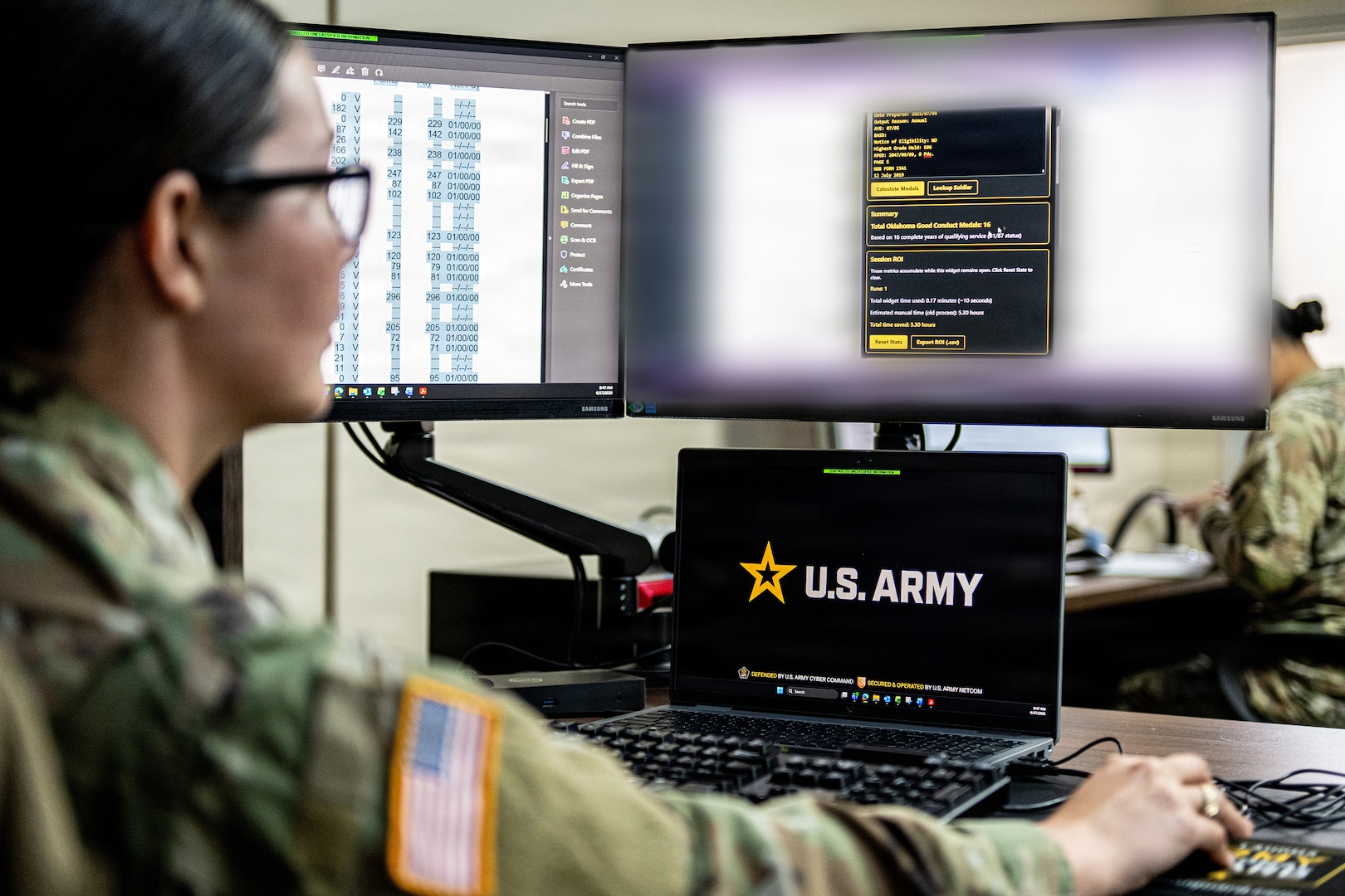 Sgt. Lorelei Hubbard, an administrative noncommissioned officer assigned to the Oklahoma Army National Guard Recruiting and Retention Battalion, uses an artificial intelligence tool to rapidly determine award eligibility for a National Guard member at the Recruiting and Retention Battalion headquarters in Oklahoma City on June 17, 2026.