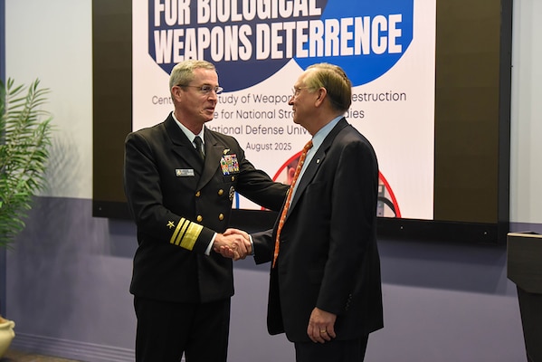 NDU President VAMD Peter Garvin and Dr. Robert Kadlec, Assistant Secretary of War for Nuclear Deterrence, Chemical, and Biological Defense, Policy and Programs, at the Biological Weapons Deterrence Rollout Event on 12 March 2026.