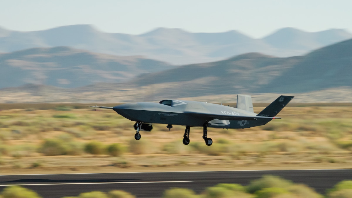 A YFQ-42A Collaborative Combat Aircraft takes off during flight testing at a California test location. The aircraft was developed in partnership with General Atomics as part of the Air Force’s effort to accelerate delivery of affordable, semi-autonomous aircraft. (Courtesy photo)