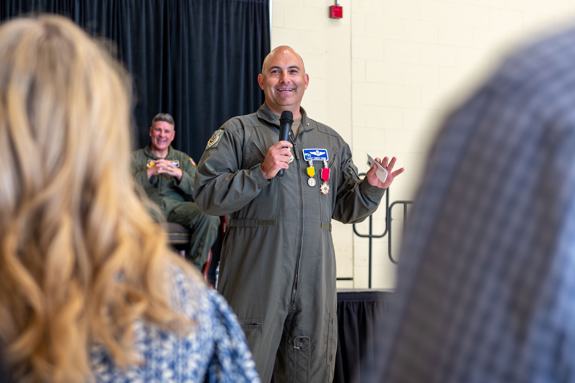 U.S. Air Force Chief Master Sgt, Lindsay Moon, former 92nd Air Refueling Wing command chief, speaks during his retirement ceremony at Fairchild Air Force Base, Washington, June 16, 2026.