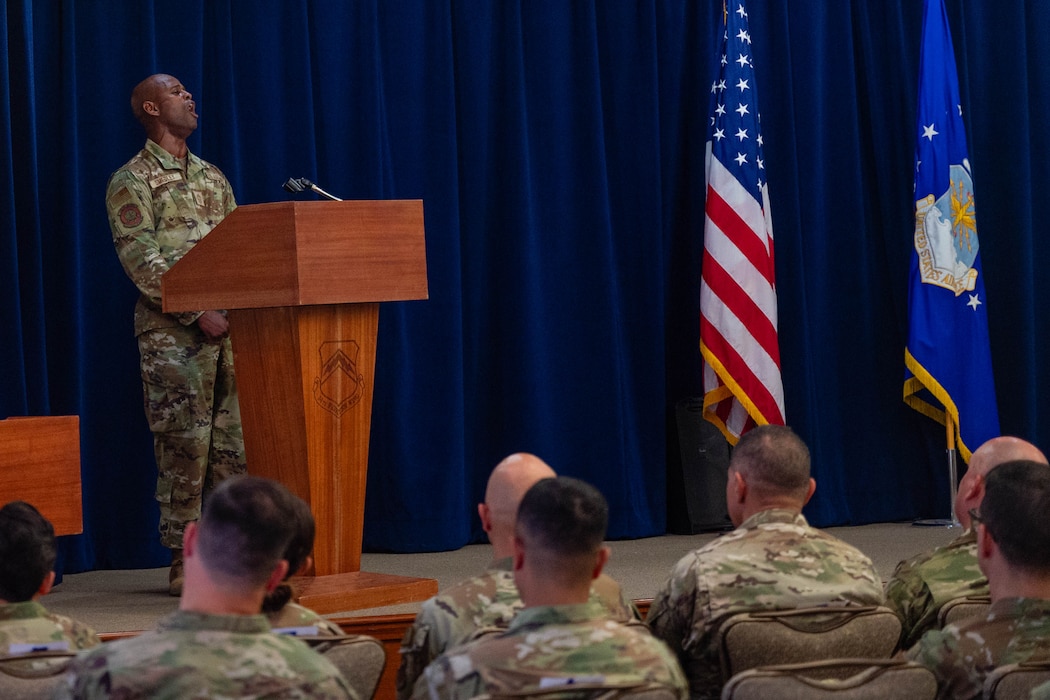 U.S. Air Force Chief Master Sgt. Leray Smedley, 13th Combat Air Base Squadron senior enlisted leader, delivers closing remarks during the 13th CABS inactivation ceremony at Luke Air Force Base, Arizona, June 16, 2026.