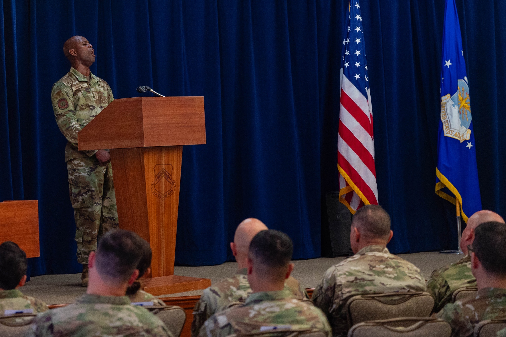 U.S. Air Force Chief Master Sgt. Leray Smedley, 13th Combat Air Base Squadron senior enlisted leader, delivers closing remarks during the 13th CABS inactivation ceremony at Luke Air Force Base, Arizona, June 16, 2026.