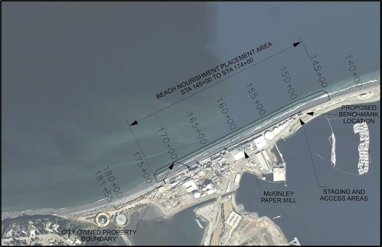 Aerial view of Ediz Hook in Port Angeles, Washington, pointing out the beach nourishment placement area along the seaward side of the revetment as well as landmarks along the area.