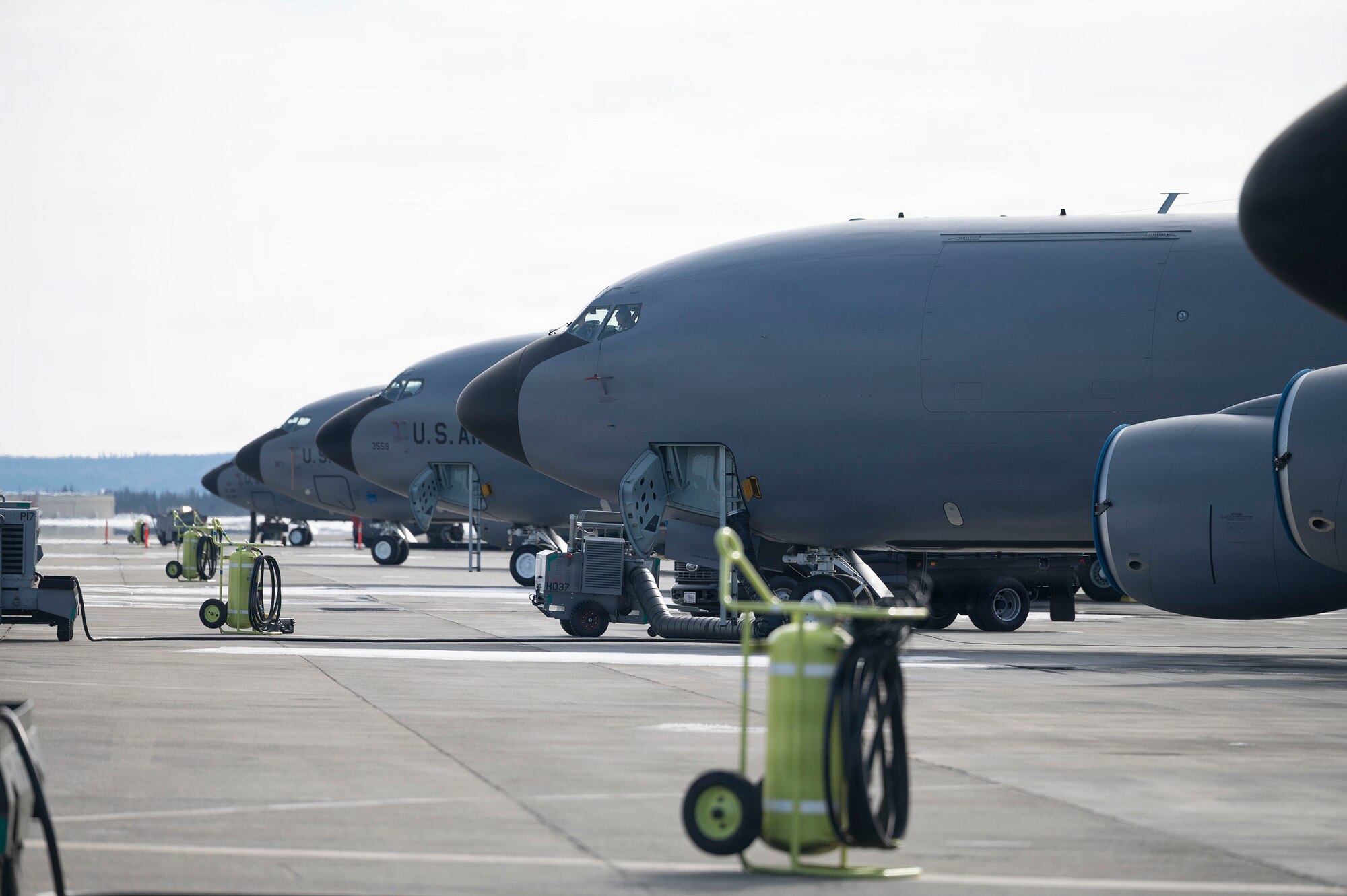 Alaska Air National Guard’s newest KC-135 Stratotankers assigned to the 168th Wing stand ready for the nation’s air refueling mission on the flightline at Eielson Air Force Base, Alaska, alongside the 168th Wing’s current fleet of the wing’s “Polar Bear” KC-135s, April 6, 2026.