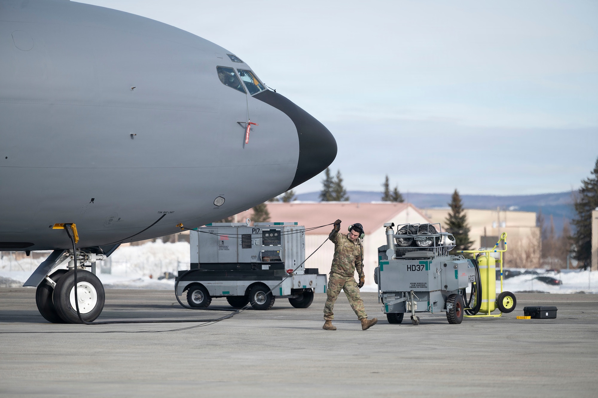 U.S. Air National Guard Tech Sgt. Elliot St Laurent prepares to inspect the 168th Wing's new KC-135 Stratotankers as they arrive at Eielson Air Force Base as part of the Total Force Integration, April 6, 2026.