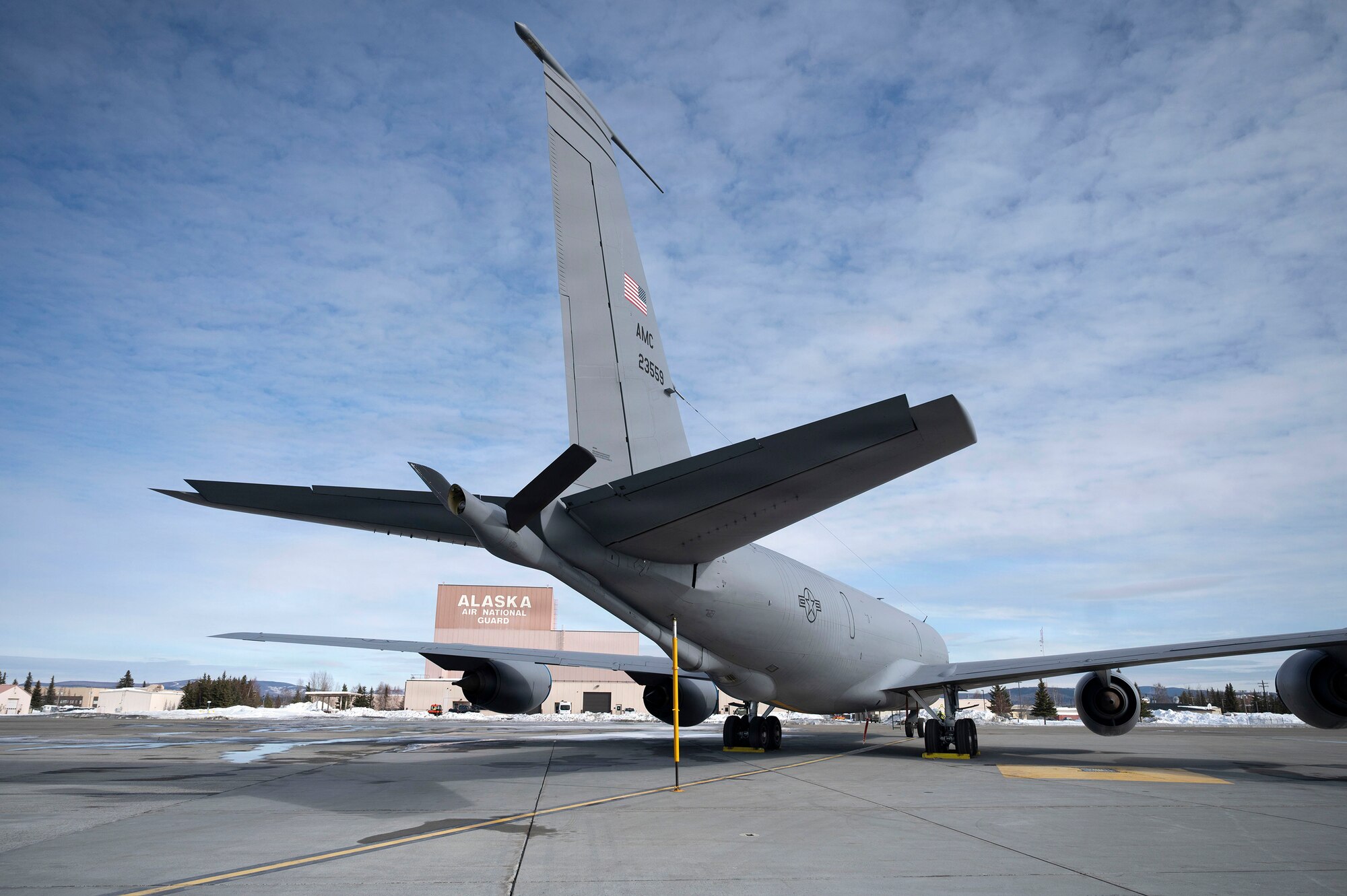 Alaska Air National Guard’s newest KC-135 Stratotankers assigned to the 168th Wing stand ready for the nation’s air refueling mission on the flightline at Eielson Air Force Base, Alaska, alongside the 168th Wing’s current fleet of the wing’s “Polar Bear” KC-135s, April 6, 2026. The 168th Wing recently received four additional tankers as part of a Total Force Integration initiative, expanding its fleet and significantly expanding aerial refueling capabilities to project airpower, increase lethality, and sustain operations in the Arctic and around the globe.