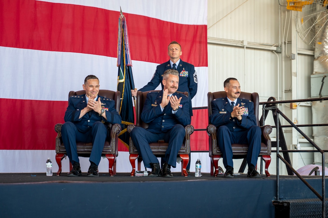 U.S. Air Force Lt. Gen. Thomas Hensley, commander of the Sixteenth Air Force, Col. Keagan McLeese, 9th Reconnaissance Wing commander, Col. Charles Cameron, 9th RW incoming commander and Chief Master Sgt. Steven Creek, 9th RW command chief, attend the 9th RW change of command ceremony at Beale Air Force Base, California, June 17, 2026.