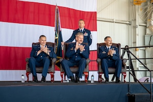 U.S. Air Force Lt. Gen. Thomas Hensley, commander of the Sixteenth Air Force, Col. Keagan McLeese, 9th Reconnaissance Wing commander, Col. Charles Cameron, 9th RW incoming commander and Chief Master Sgt. Steven Creek, 9th RW command chief, attend the 9th RW change of command ceremony at Beale Air Force Base, California, June 17, 2026.