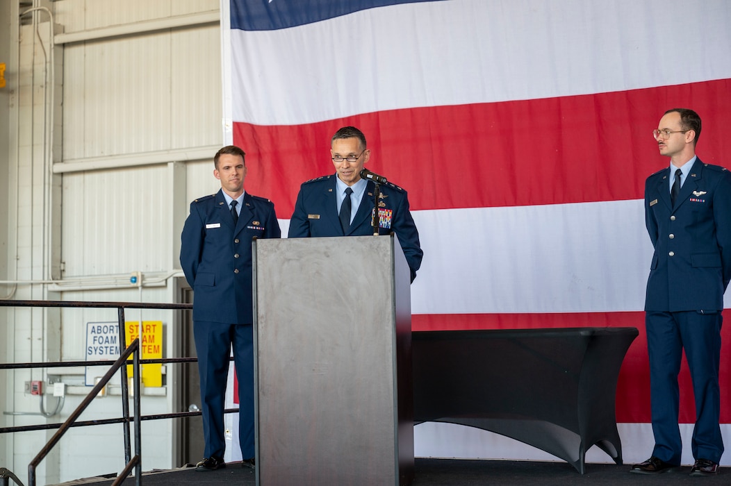 U.S. Air Force Lt. Gen. Thomas Hensley, commander of the Sixteenth Air Force, gives remarks during the 9th Reconnaissance Wing change of command ceremony at Beale Air Force Base, California, June 17, 2026.