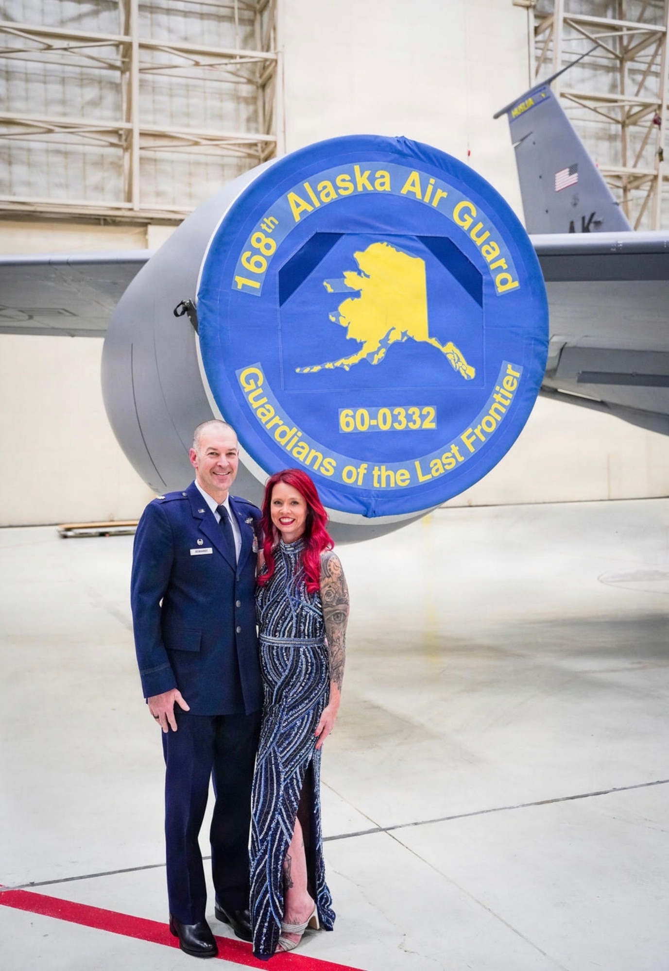 2026 National Guard Spouse of the Year, Nicole Gebhardt, and her spouse, pose for a photo in front of the 168th Wing KC-135 Stratotanker. Gebhardt is a 168th Wing Key Support Liaison and turned personal hardship into a passion for service, dedicating her time to supporting military families through advocacy, mentorship, and community-building programs at the 168th Wing.