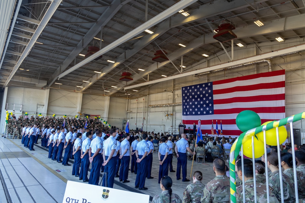 Members of the 9th Reconnaissance Wing, local civic leaders, friends and family of the outgoing and incoming commanders attend the 9th RW change of command ceremony at Beale Air Force Base, California, June 17, 2026.