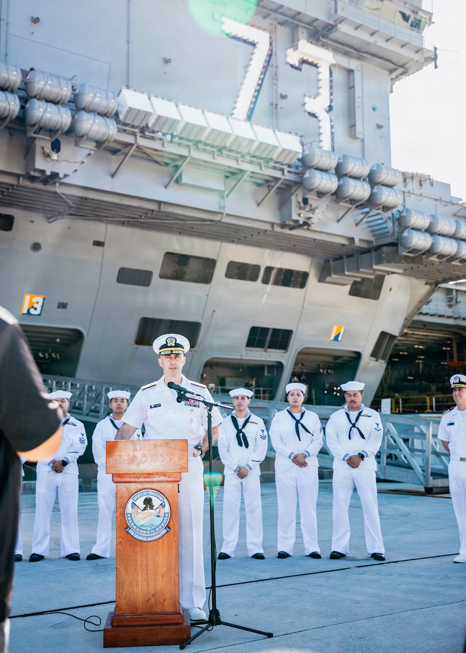 Rear Adm. Eric J. Anduze, Commander, Task Force 70, speaks to Gaum media pierside Nimitz-class aircraft carrier USS George Washington (CVN 73) after arriving at Naval Station Guam, June 16, 2025. George Washington is the U.S. Navy’s premiere forward-deployed aircraft carrier, a long-standing symbol of the United States’ commitment to maintaining a free and open Indo-Pacific, while operating alongside allies and partners across the U.S. Navy’s largest numbered fleet. (U.S. Navy photo by Mass Communication Specialist 3rd Class Roselia Garcia)