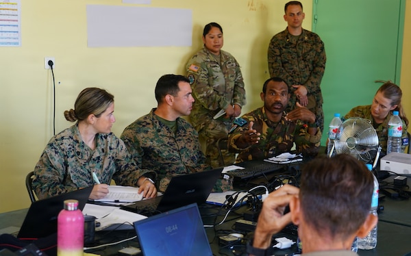 Papua New Guinea Defence Force Maj. Danny Orim, deputy commander of the PRG, and Marines with 4th Civil Affairs Group, participate in a joint key leader engagement during exercise MARARA26 in Makemo, French Polynesia June 11, 2026.